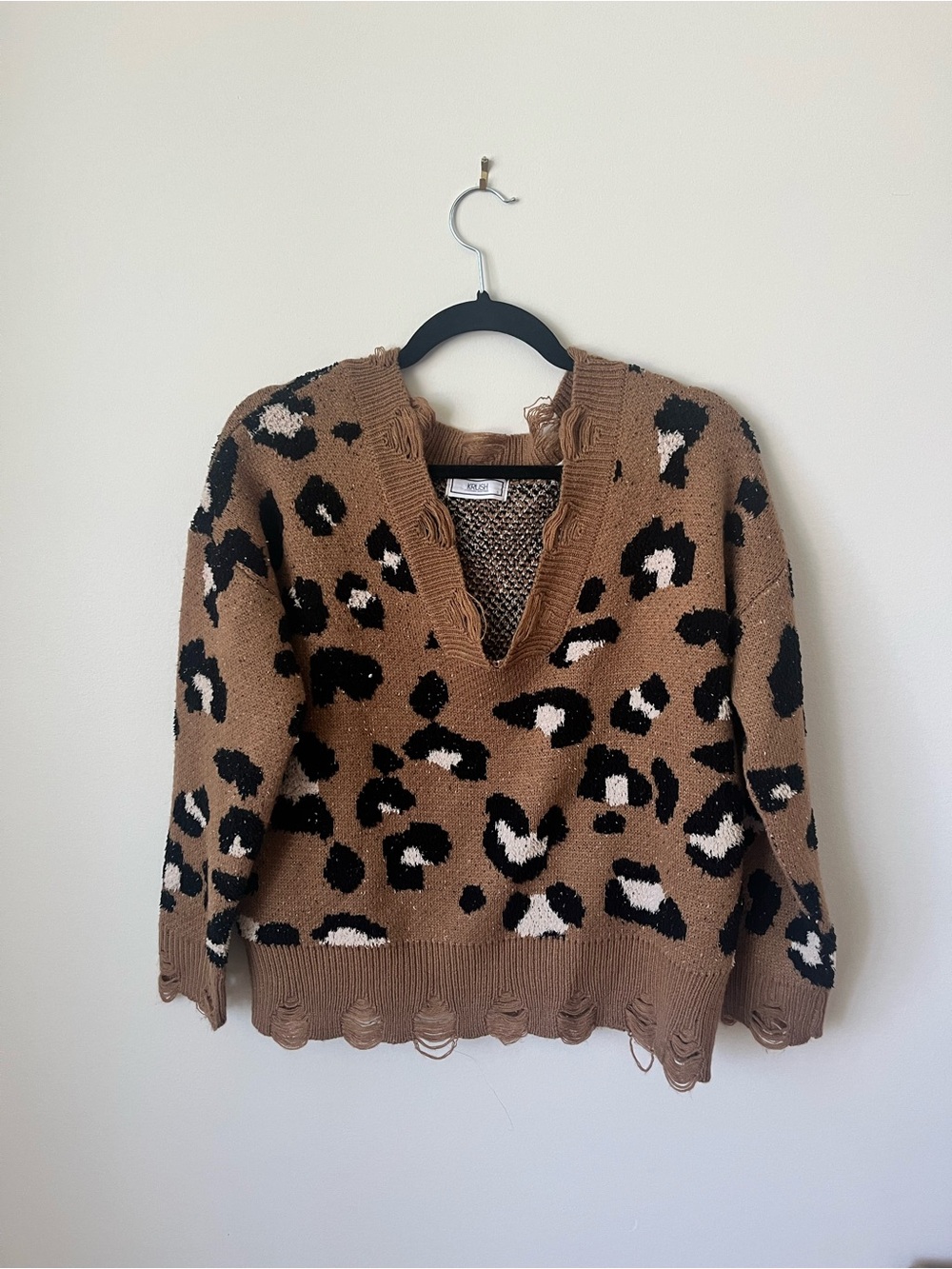 Krush Brown Leopard V-Neck Distressed Knit Sweater